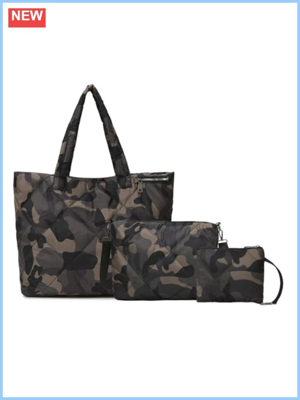 Quilted Nylon Tote Bag Set 3-in-1 Crossbody Purse Pouch Lightweight Travel Work